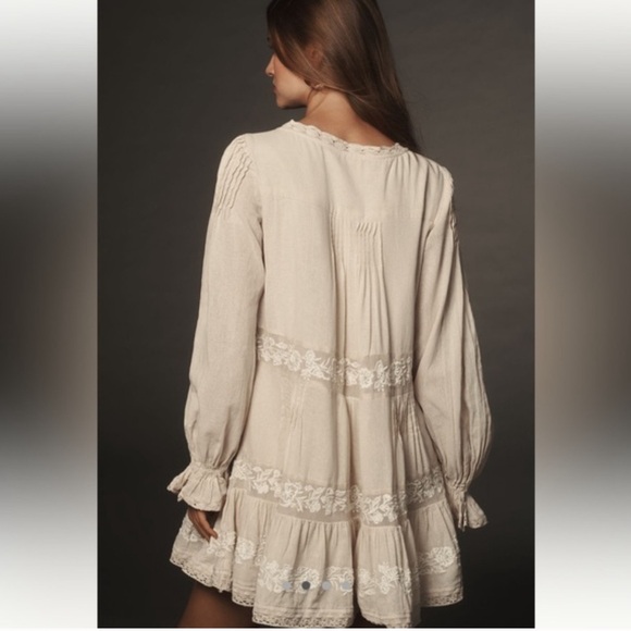 By Anthropologie Long Sleeve Embroidered Pintuck Swing Mini Dress - Picture 3 of 3